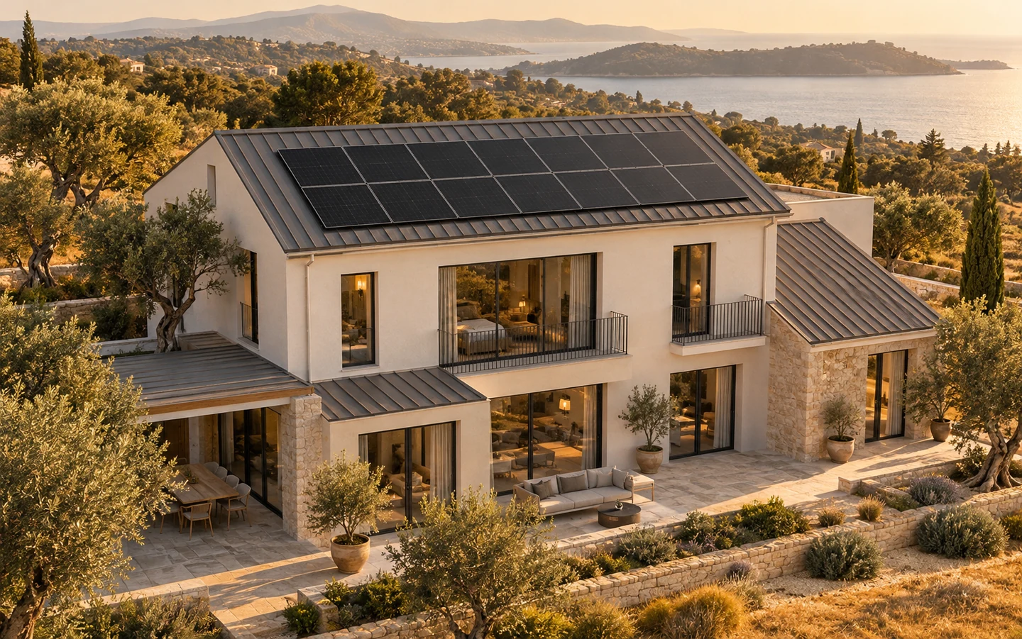 Villa & konut: yapay zekâyla oluşturulmuş temsili güneş enerjisi proje görseli.